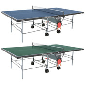 Butterfly Playback 19 Table Tennis Table shown here is available in blue or green, is a folding ping pong table that has a 3/4" top and comes with double wheels and a net set is included.